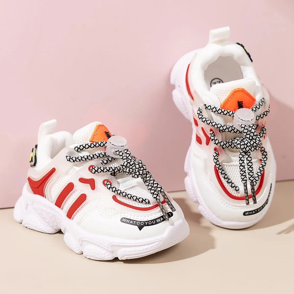 Kids Fashion Sneakers, Mesh Athletic Running Shoes, White and Red, Chunky Platform