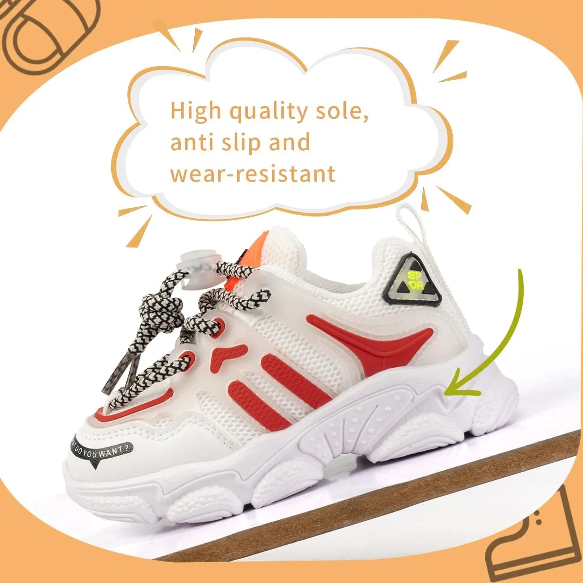Kids Fashion Sneakers, Mesh Athletic Running Shoes, White and Red, Chunky Platform