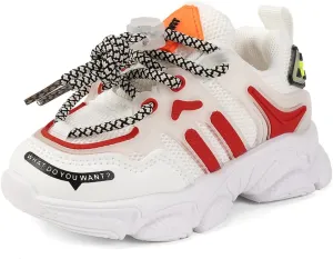 Kids Fashion Sneakers, Mesh Athletic Running Shoes, White and Red, Chunky Platform