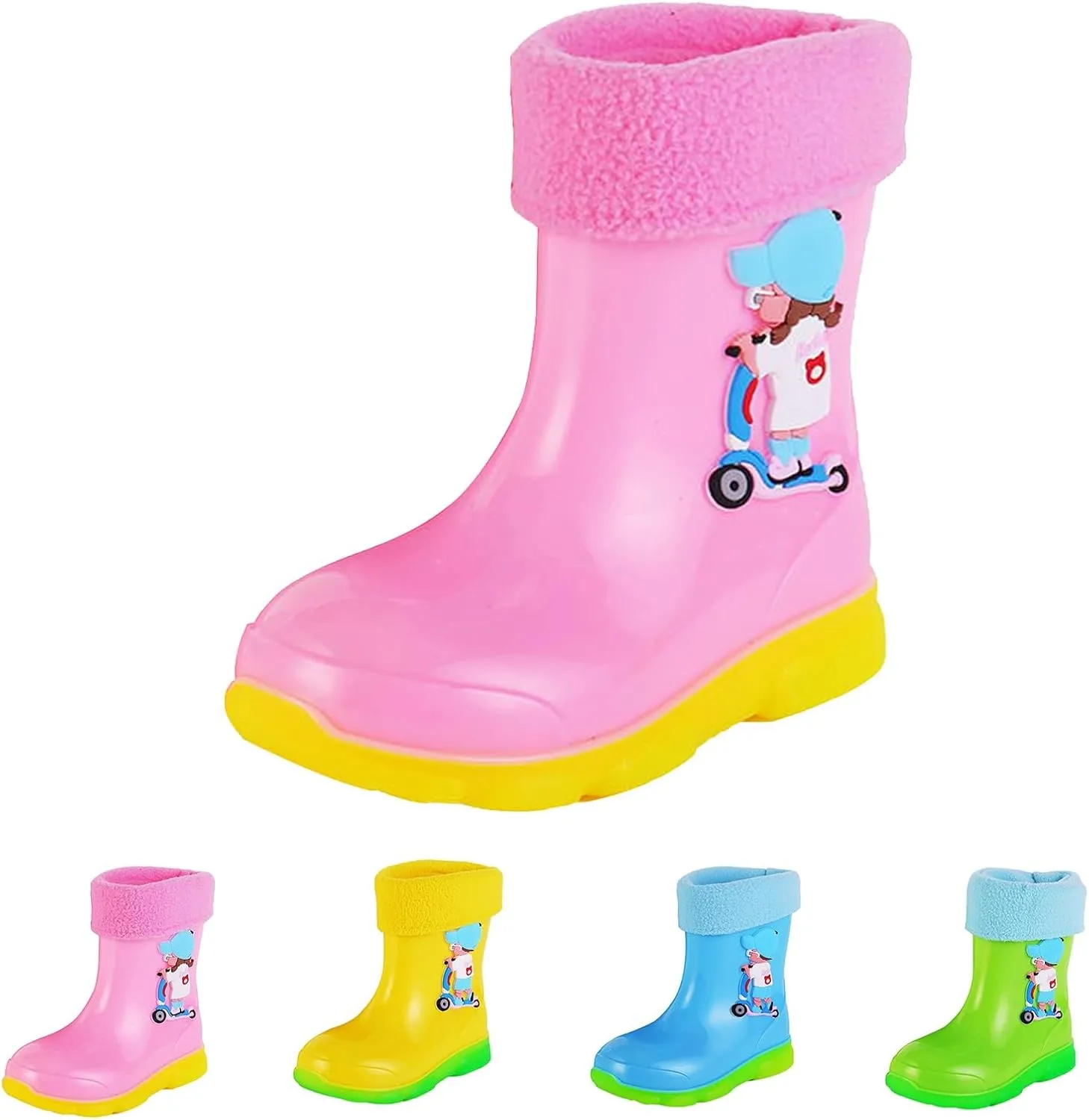 Kids Fleece Lined Rain Boots for Girls Boys Toddler Waterproof Cute Cartoon Pattern Platform Mud Rubber Boots