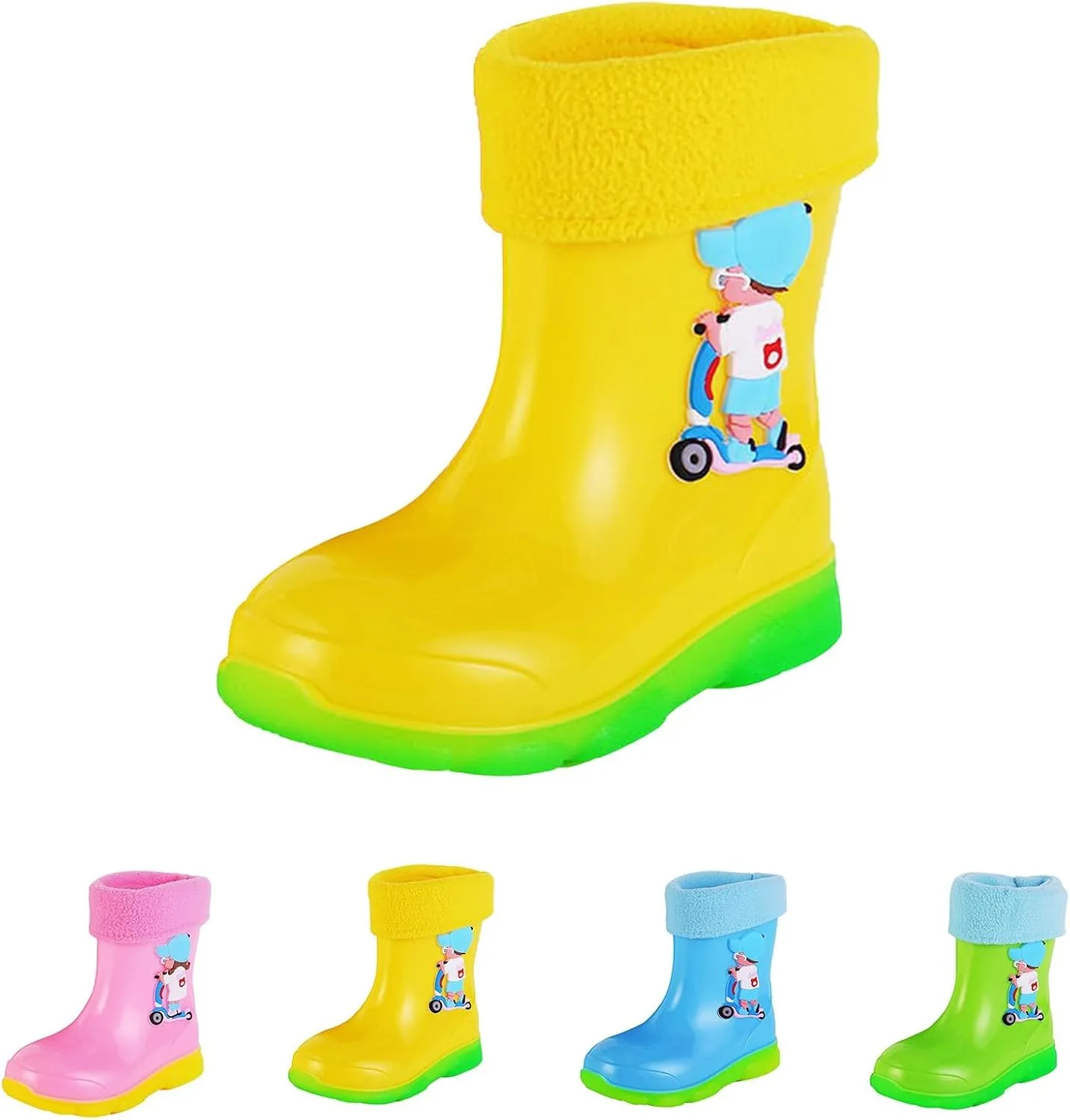 Kids Fleece Lined Rain Boots for Girls Boys Toddler Waterproof Cute Cartoon Pattern Platform Mud Rubber Boots