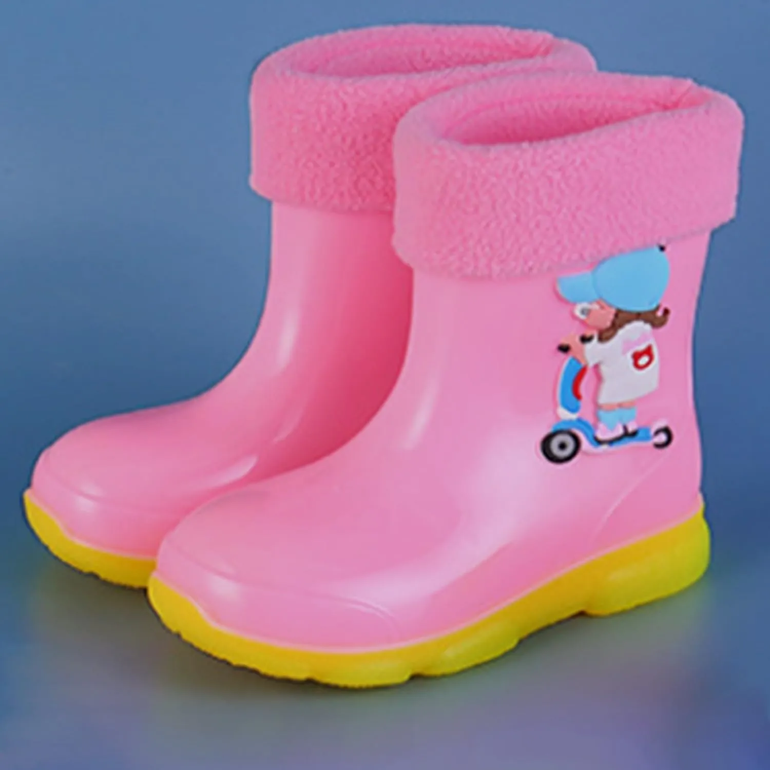 Kids Fleece Lined Rain Boots for Girls Boys Toddler Waterproof Cute Cartoon Pattern Platform Mud Rubber Boots