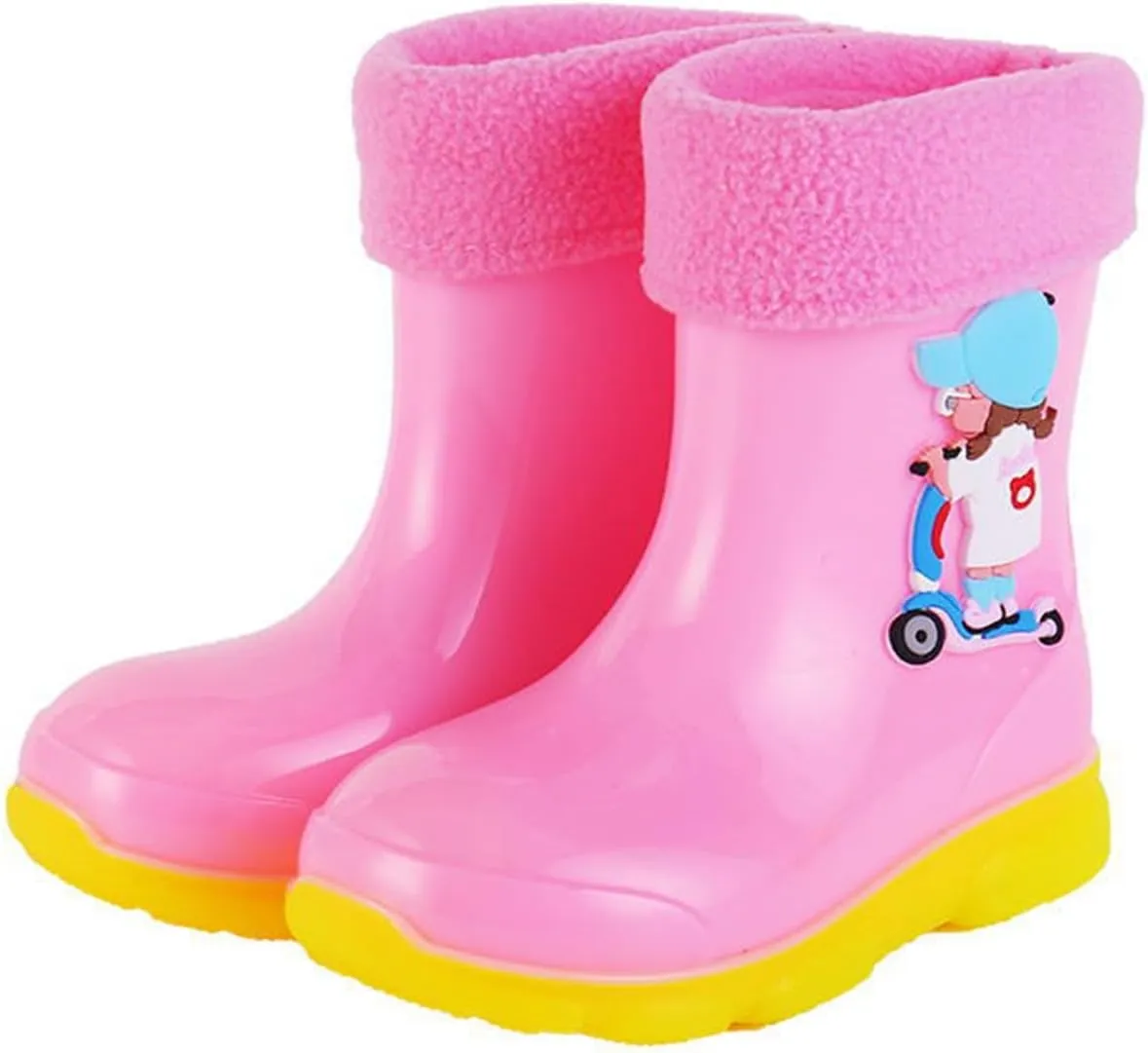 Kids Fleece Lined Rain Boots for Girls Boys Toddler Waterproof Cute Cartoon Pattern Platform Mud Rubber Boots