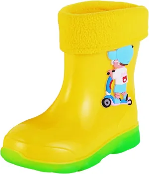 Kids Fleece Lined Rain Boots for Girls Boys Toddler Waterproof Cute Cartoon Pattern Platform Mud Rubber Boots