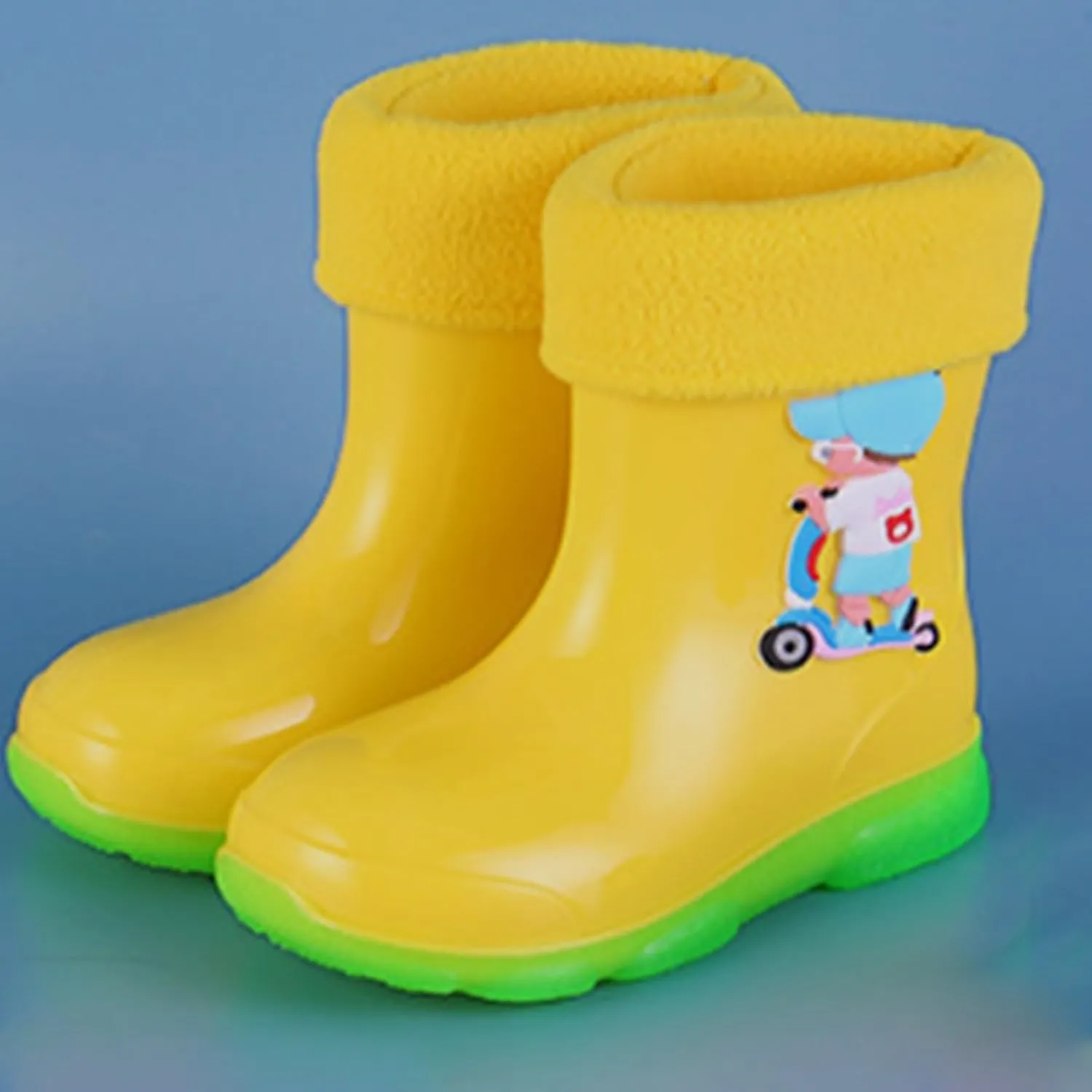 Kids Fleece Lined Rain Boots for Girls Boys Toddler Waterproof Cute Cartoon Pattern Platform Mud Rubber Boots