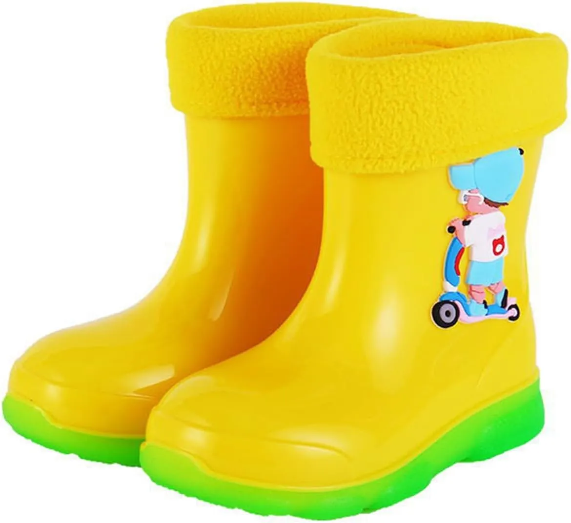 Kids Fleece Lined Rain Boots for Girls Boys Toddler Waterproof Cute Cartoon Pattern Platform Mud Rubber Boots