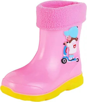 Kids Fleece Lined Rain Boots for Girls Boys Toddler Waterproof Cute Cartoon Pattern Platform Mud Rubber Boots