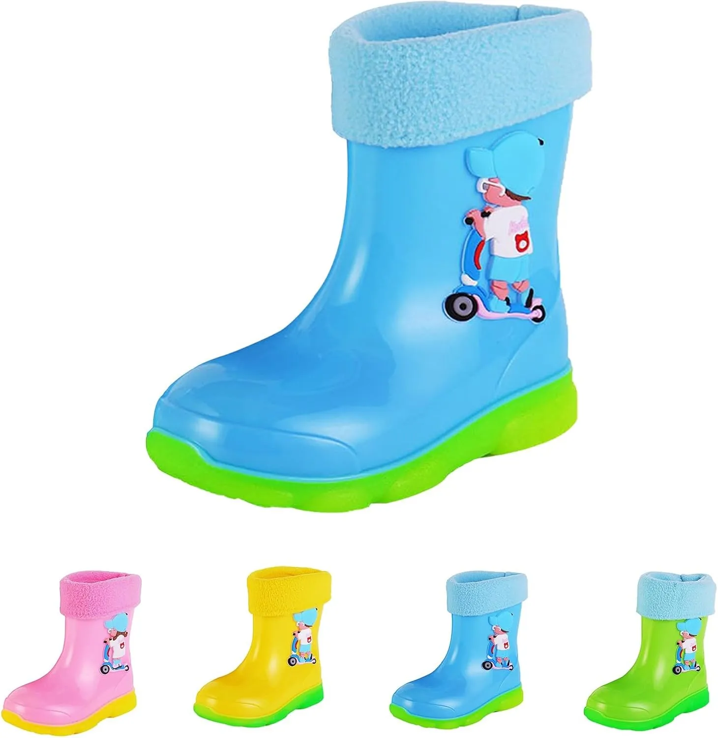 Kids Fleece Lined Rain Boots for Girls Boys Toddler Waterproof Cute Cartoon Pattern Platform Mud Rubber Boots