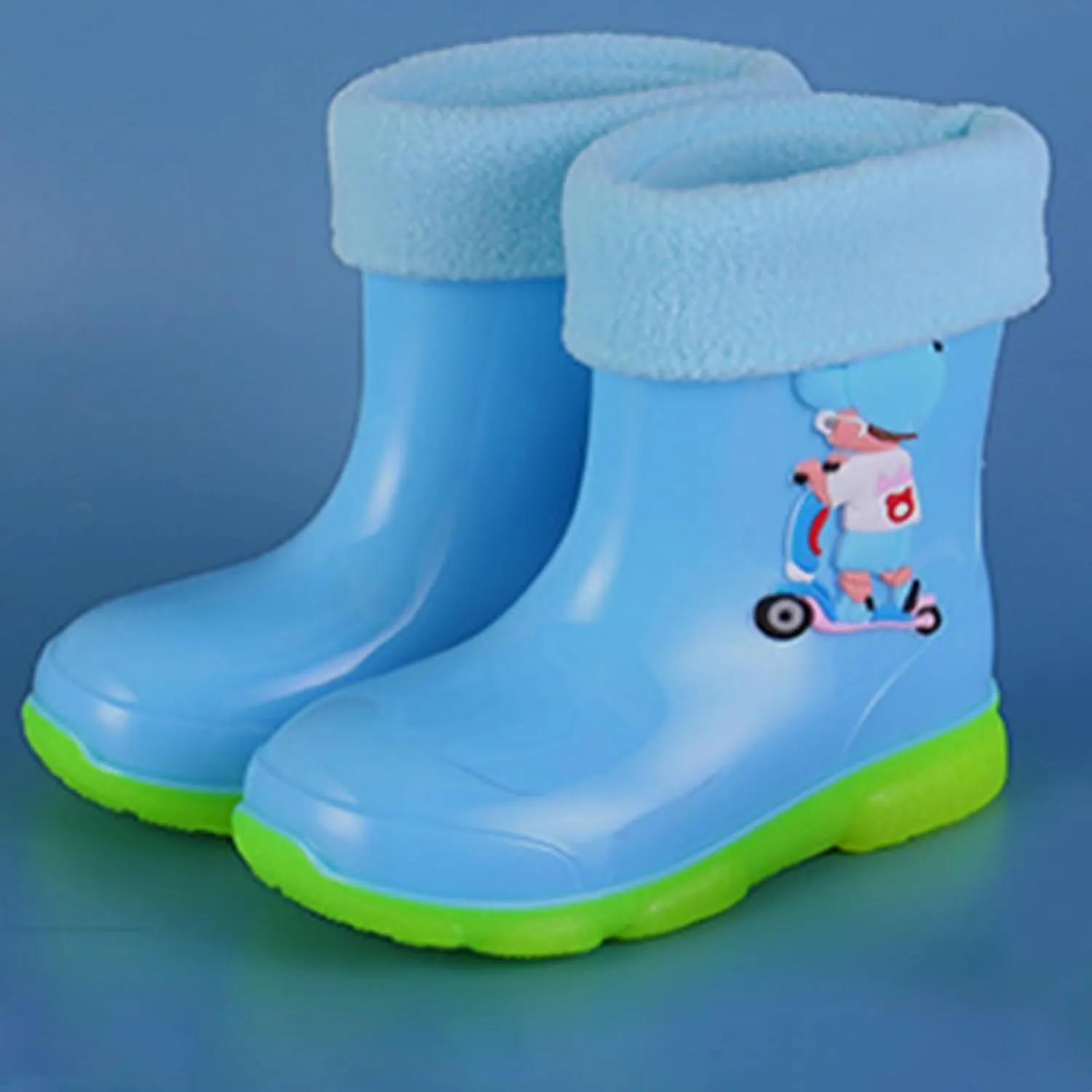 Kids Fleece Lined Rain Boots for Girls Boys Toddler Waterproof Cute Cartoon Pattern Platform Mud Rubber Boots