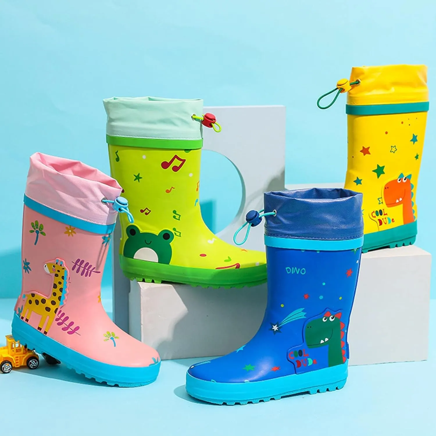 Kids Rain Boots Boys Girls Elastic Band Cute Cartoon Dinosaur Animals Printed Waterproof Anti-Slip Mid-calf Rainboots