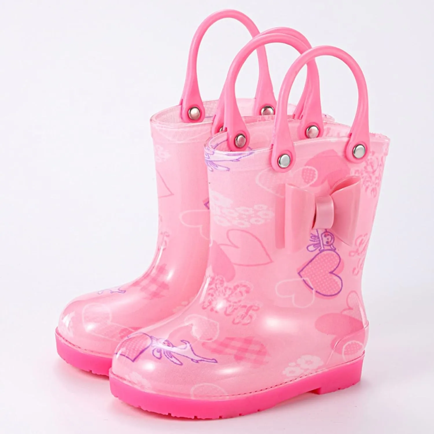 Kids Rain Boots for Girls Toddler Lightwight Waterproof Rubber Boots Cute Bow with Easy-On Handles Boys Water Shoes
