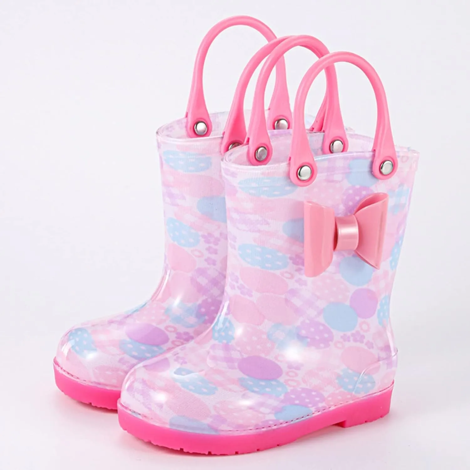 Kids Rain Boots for Girls Toddler Lightwight Waterproof Rubber Boots Cute Bow with Easy-On Handles Boys Water Shoes