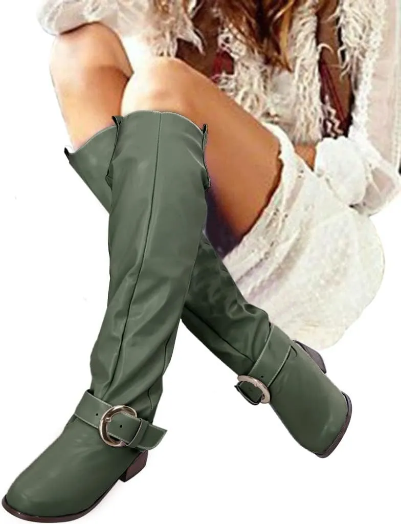 Knee High Boots Women Low Heel Winter Boots for Women 2024 Women's Roman Style Chunky Heel Buckle Boots Booties
