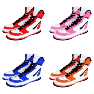 Knitted Colored Sneakers Slippers, Custom Kicks High Top, Basketball Plush Retro House Shoes, Personalized Gift for Him and Her, Retro Art