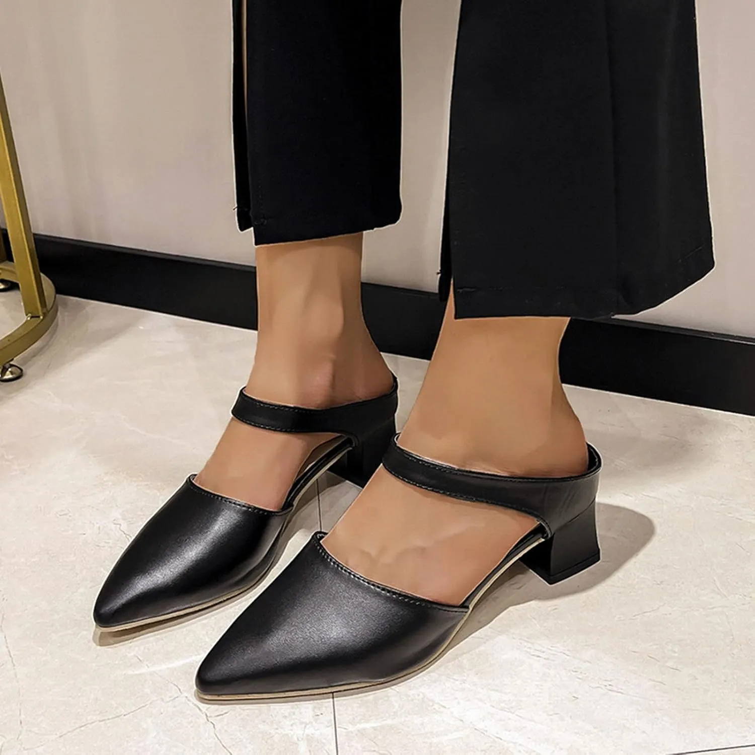 Ladies Fashion Solid Color Leather Thick High Heel Pointed Toe Casual Pumps Shoes All Wedges for Women