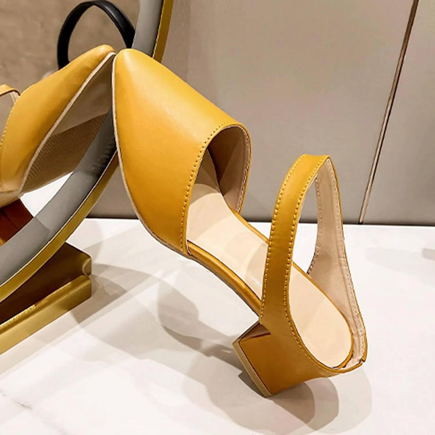 Ladies Fashion Solid Color Leather Thick High Heel Pointed Toe Casual Pumps Shoes All Wedges for Women