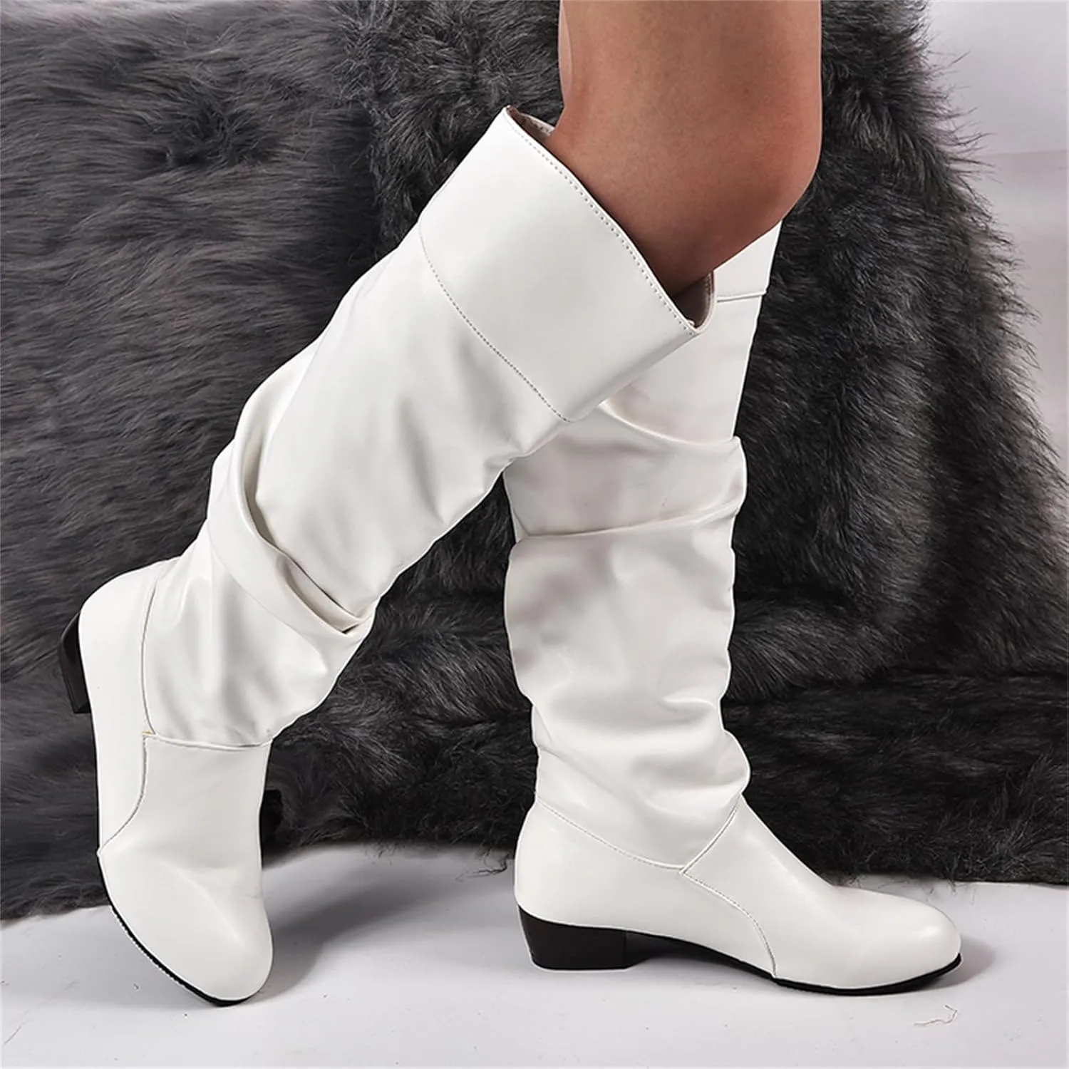 Ladmiple Fall Boots Women Knee High Wide Calf Cone Heel Slouchy Western Cowboy Cowgirl Boots Party Fashion Dress Shoes