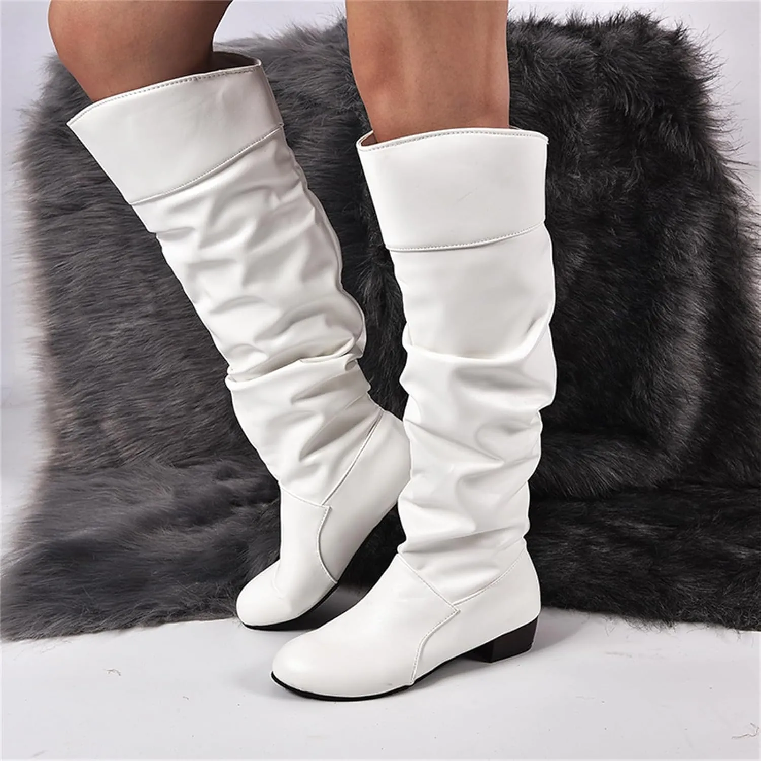 Ladmiple Fall Boots Women Knee High Wide Calf Cone Heel Slouchy Western Cowboy Cowgirl Boots Party Fashion Dress Shoes
