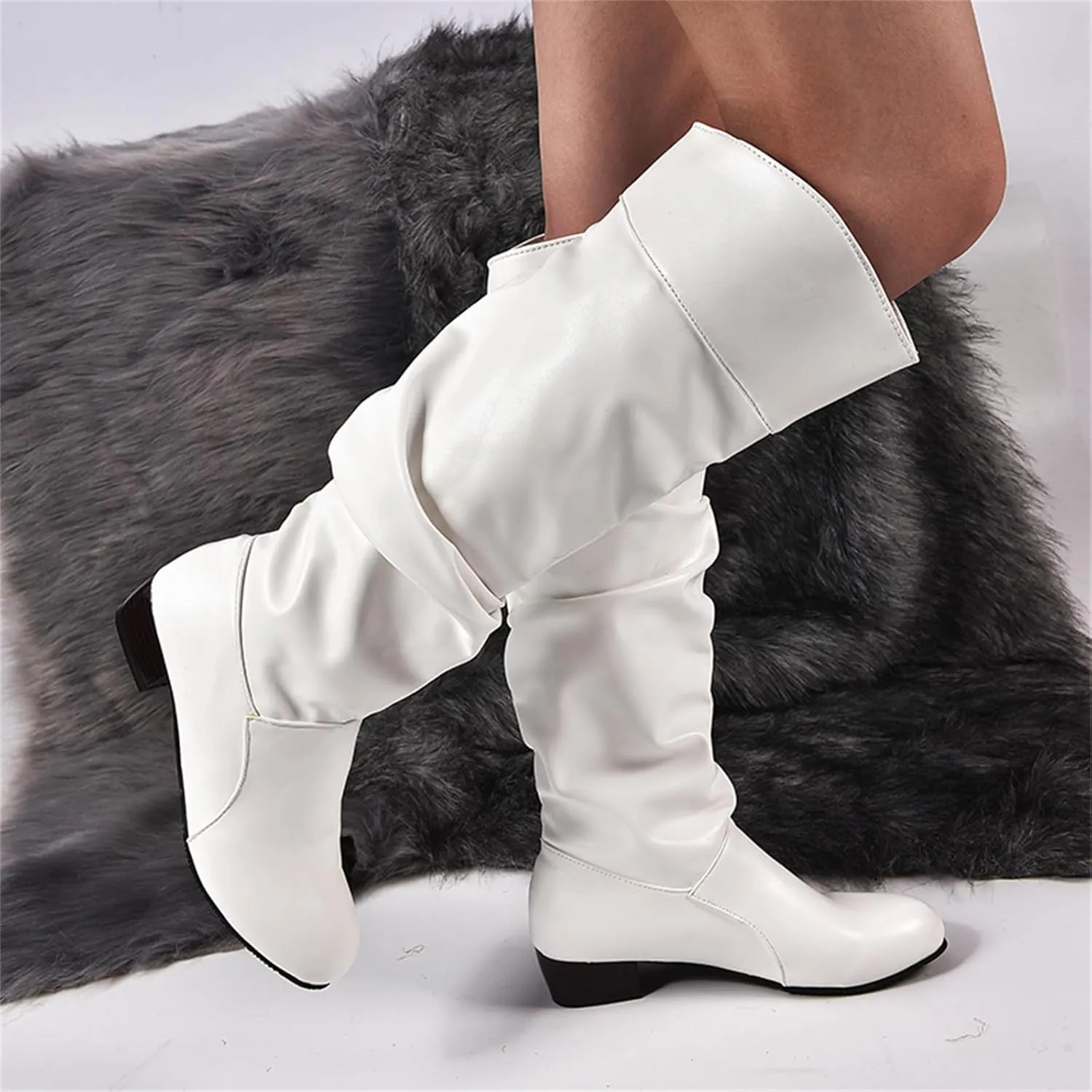 Ladmiple Fall Boots Women Knee High Wide Calf Cone Heel Slouchy Western Cowboy Cowgirl Boots Party Fashion Dress Shoes