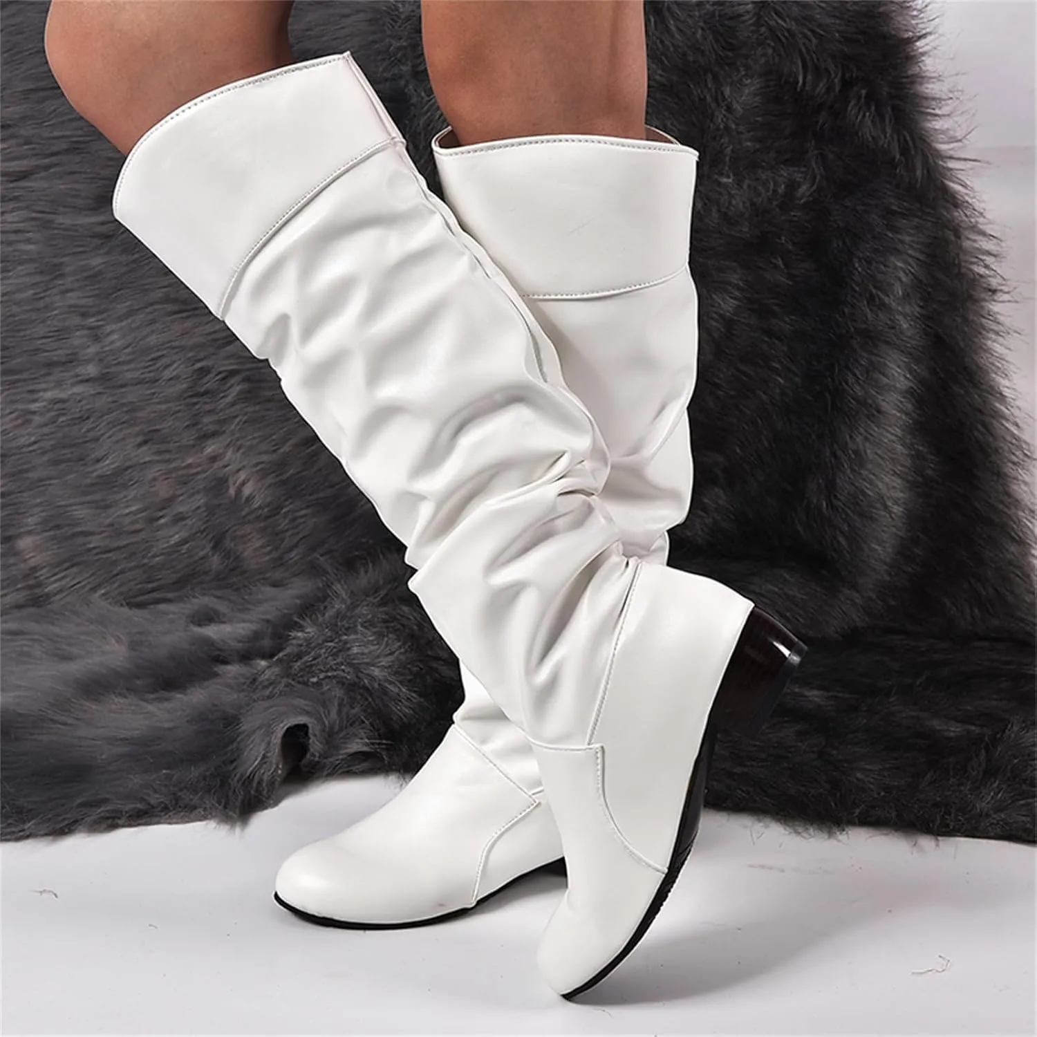 Ladmiple Fall Boots Women Knee High Wide Calf Cone Heel Slouchy Western Cowboy Cowgirl Boots Party Fashion Dress Shoes