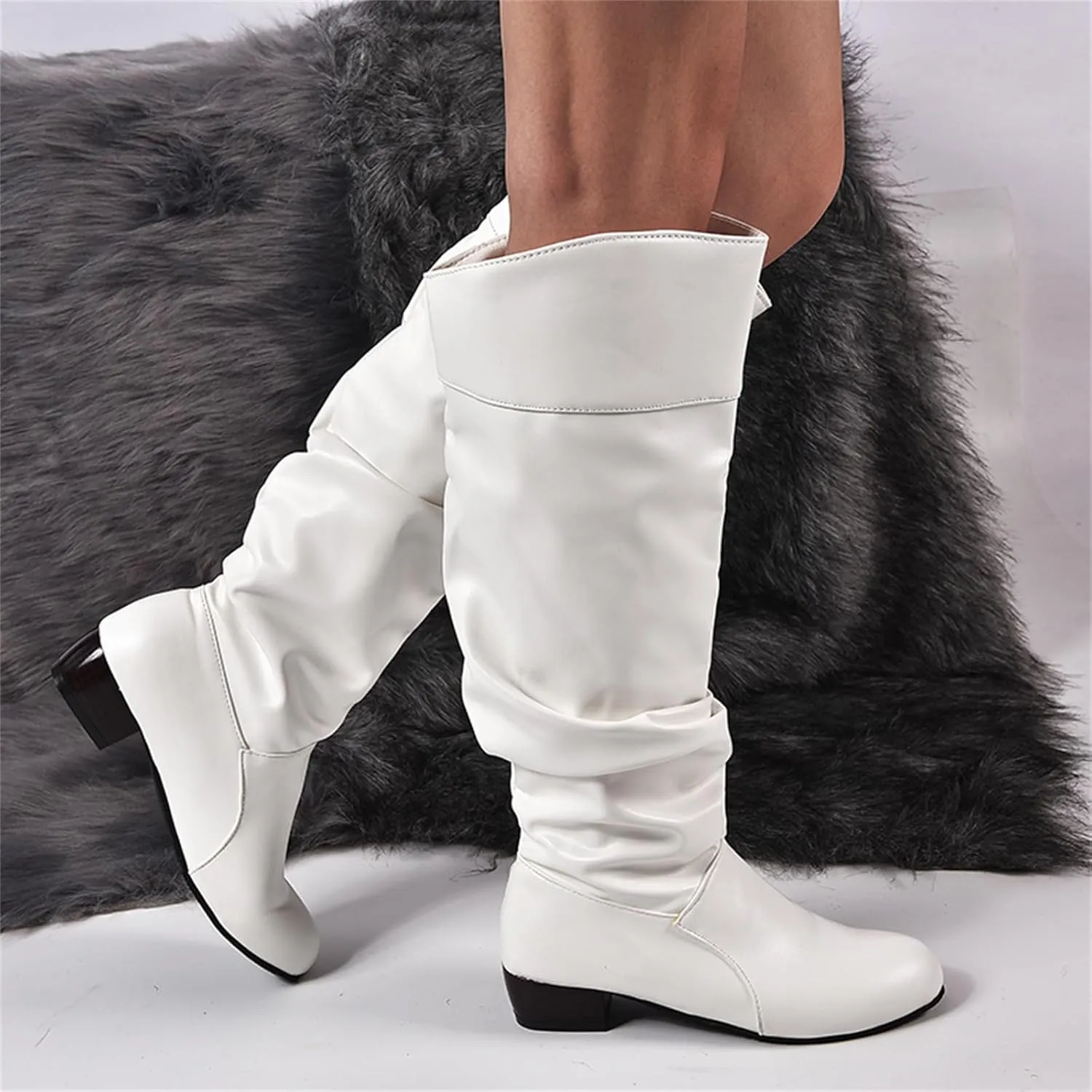 Ladmiple Fall Boots Women Knee High Wide Calf Cone Heel Slouchy Western Cowboy Cowgirl Boots Party Fashion Dress Shoes