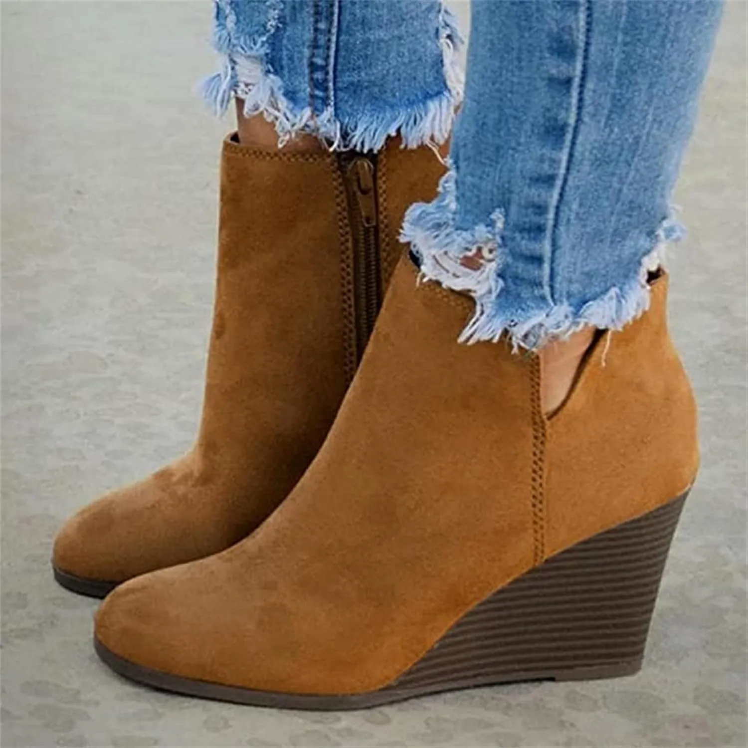 Lausiuoe Wedge Booties For Women Closed Toe Ankle Boots Slip on Casual Fashion Platform Western Heeled Fall Booties