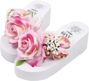 Loizziuy Black Floral Slippers Summer Women's Sandals Elevated Heels Thick-Soled Platform Handcrafted Rose Flower Decor for The Beach