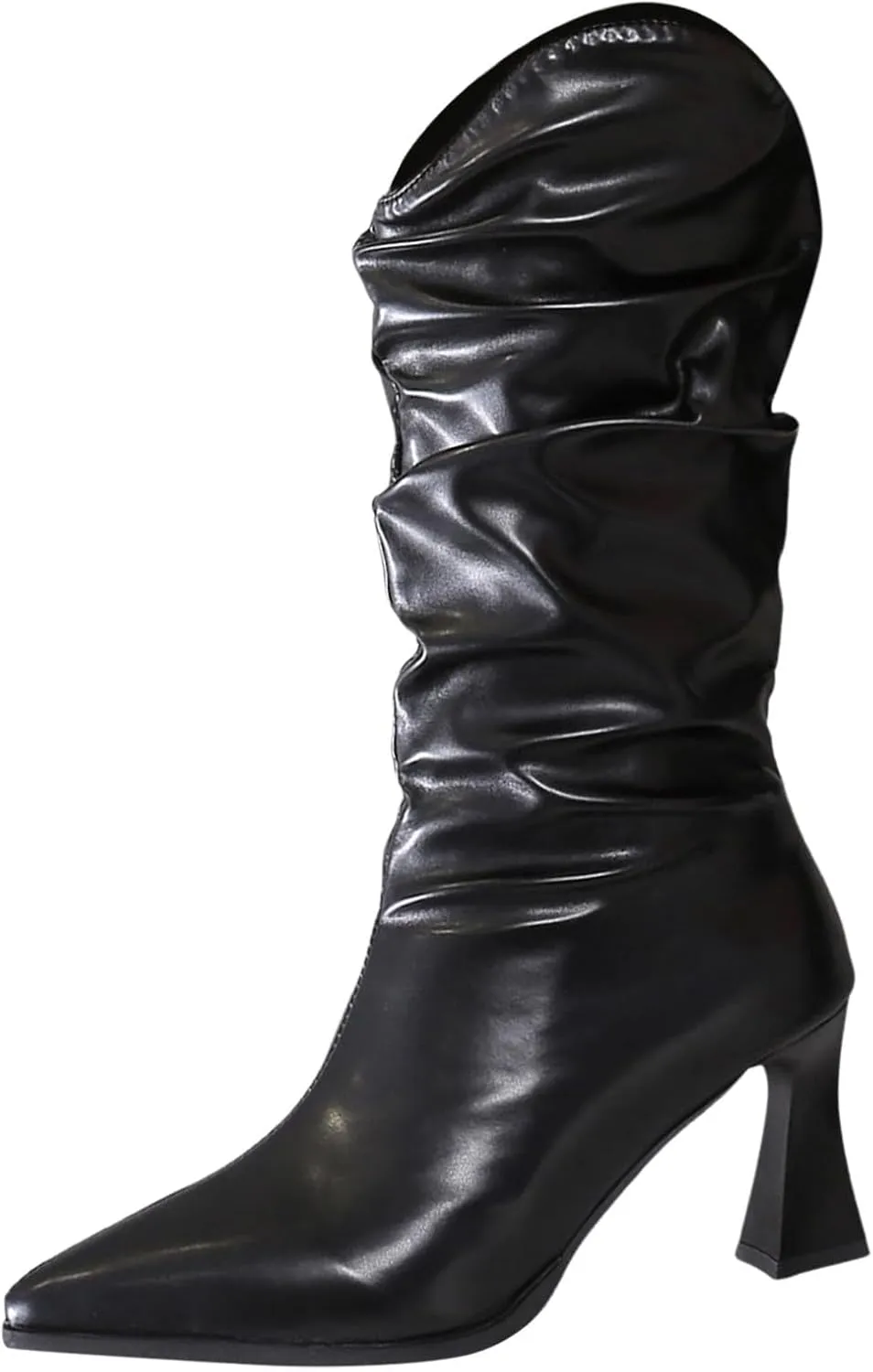 Low Heel Boots for WomenMid Calf Boots for Women Pleated Wineglass Heel Pointed Toe Western Kitten Heels Boots Comfy