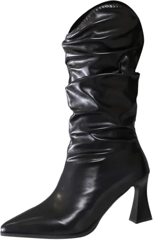 Low Heel Boots for WomenMid Calf Boots for Women Pleated Wineglass Heel Pointed Toe Western Kitten Heels Boots Comfy