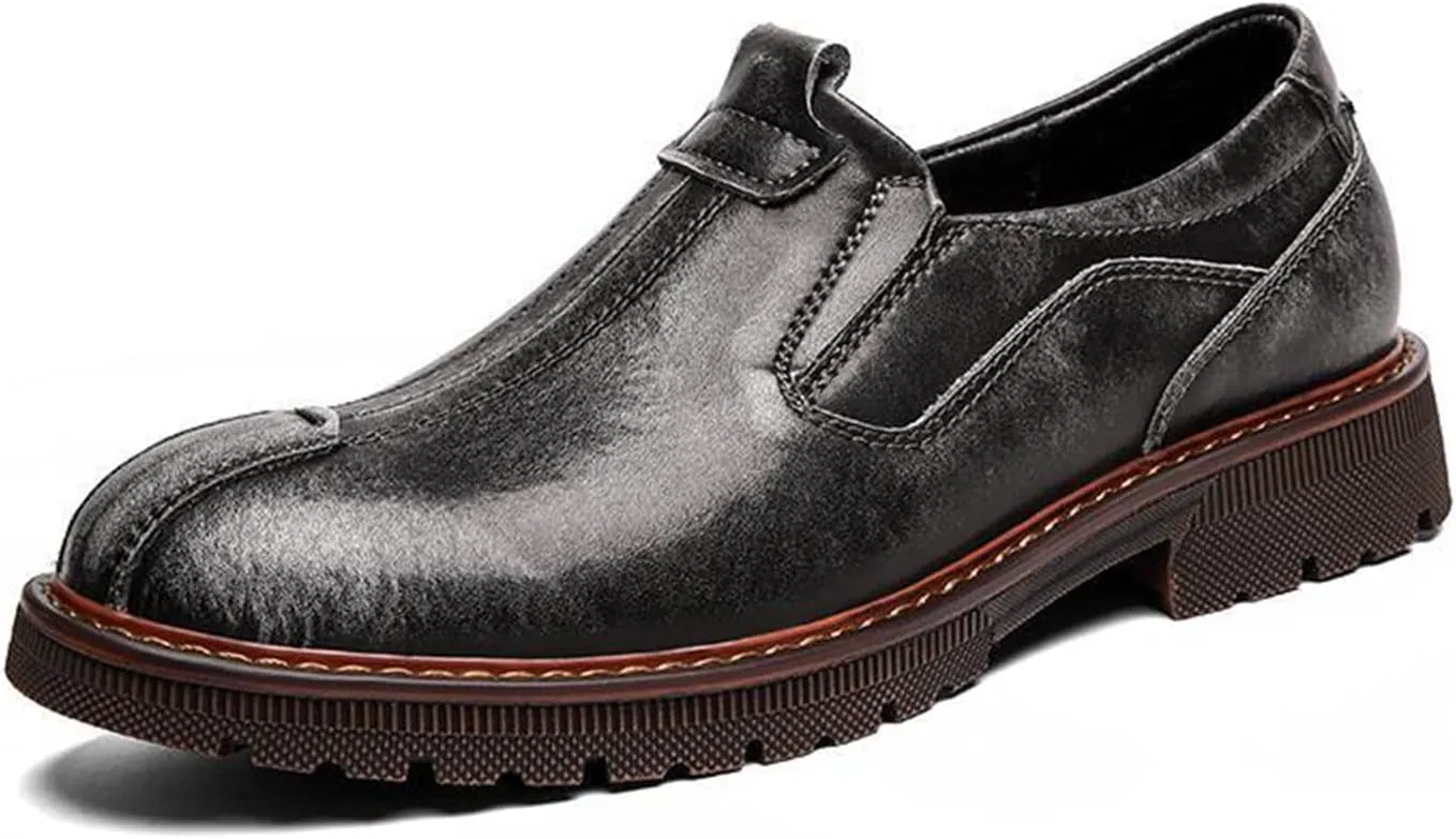 Men Retro Leather Slip On Oxfords Loafers Work Shoes,Burnished Slip Resistant Elasticity Soft Sole Low Top Chelsea Shoes