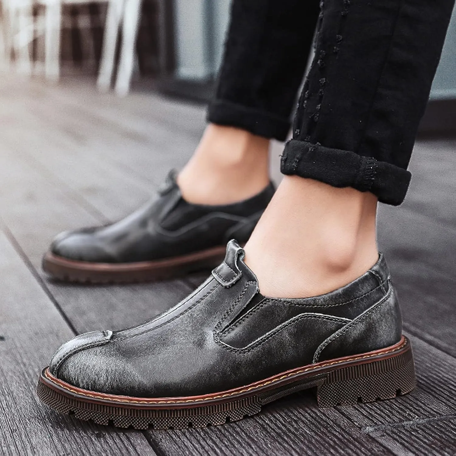 Men Retro Leather Slip On Oxfords Loafers Work Shoes,Burnished Slip Resistant Elasticity Soft Sole Low Top Chelsea Shoes