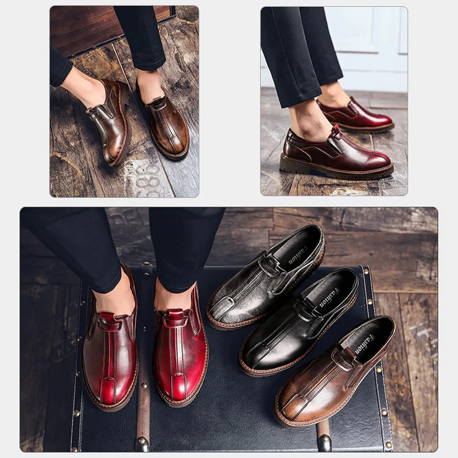 Men Retro Leather Slip On Oxfords Loafers Work Shoes,Burnished Slip Resistant Elasticity Soft Sole Low Top Chelsea Shoes