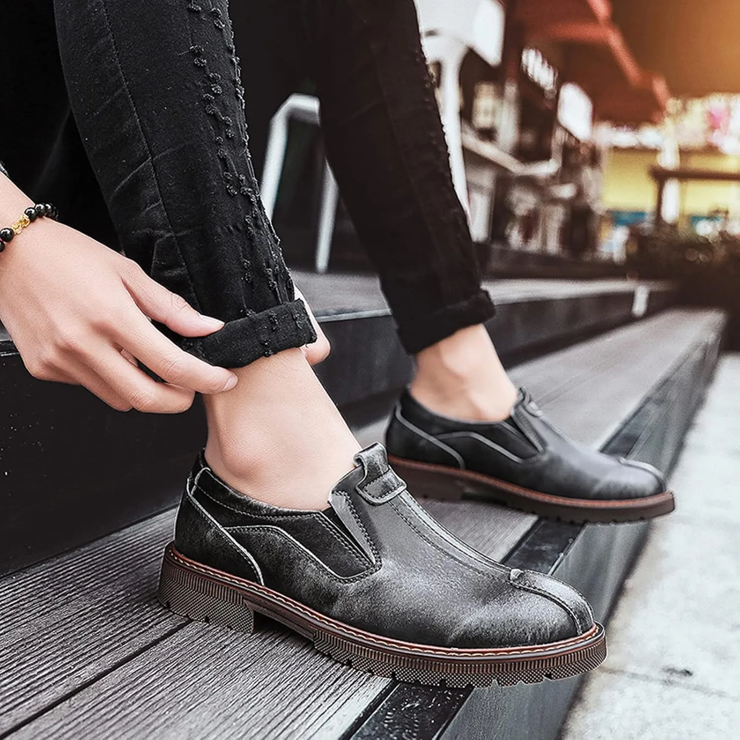 Men Retro Leather Slip On Oxfords Loafers Work Shoes,Burnished Slip Resistant Elasticity Soft Sole Low Top Chelsea Shoes