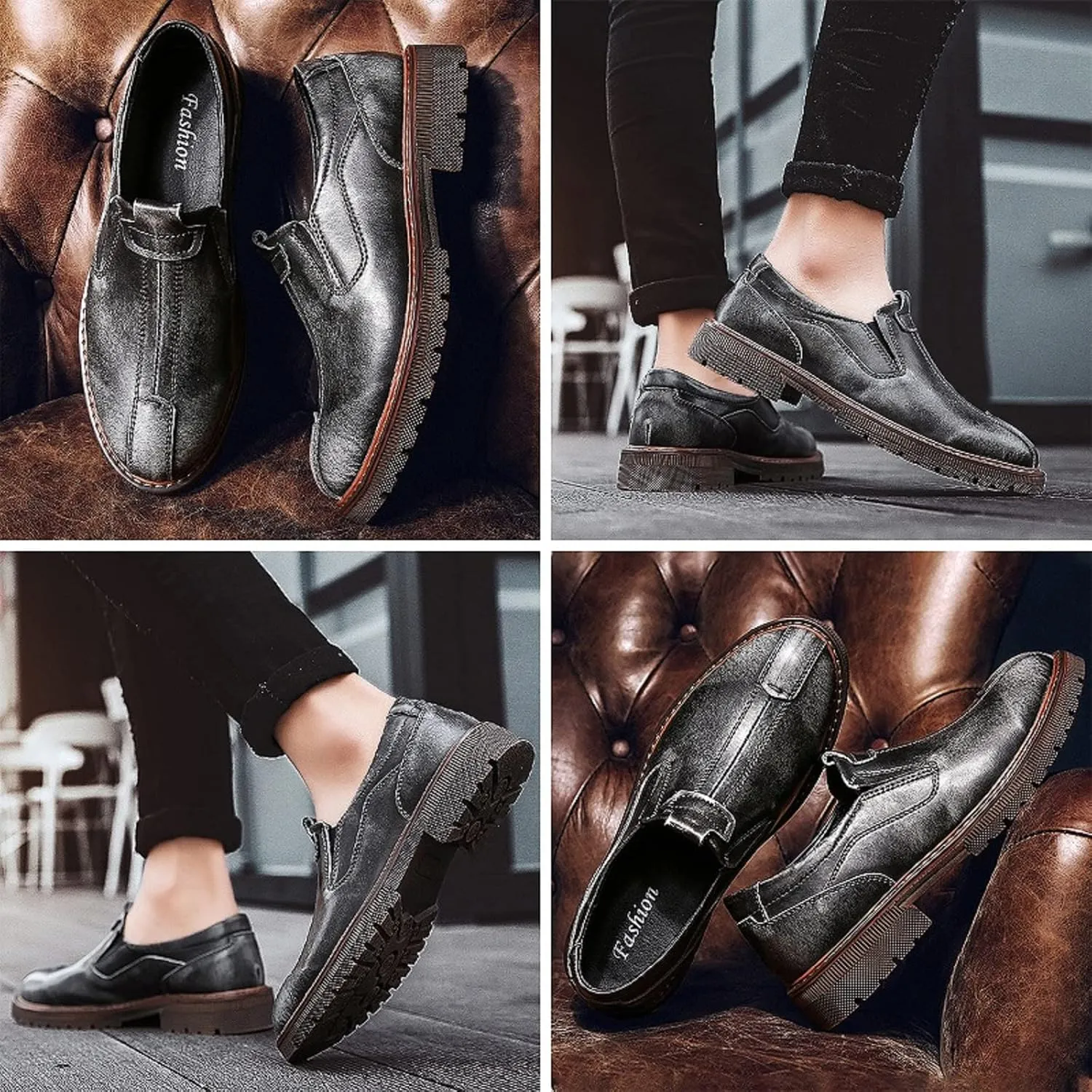 Men Retro Leather Slip On Oxfords Loafers Work Shoes,Burnished Slip Resistant Elasticity Soft Sole Low Top Chelsea Shoes