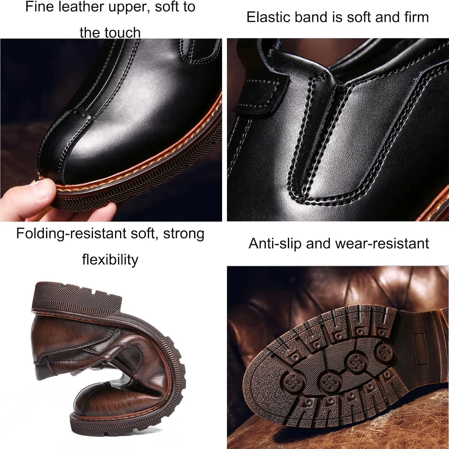 Men Retro Leather Slip On Oxfords Loafers Work Shoes,Burnished Slip Resistant Elasticity Soft Sole Low Top Chelsea Shoes