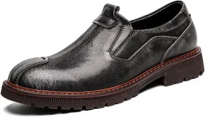 Men Retro Leather Slip On Oxfords Loafers Work Shoes,Burnished Slip Resistant Elasticity Soft Sole Low Top Chelsea Shoes