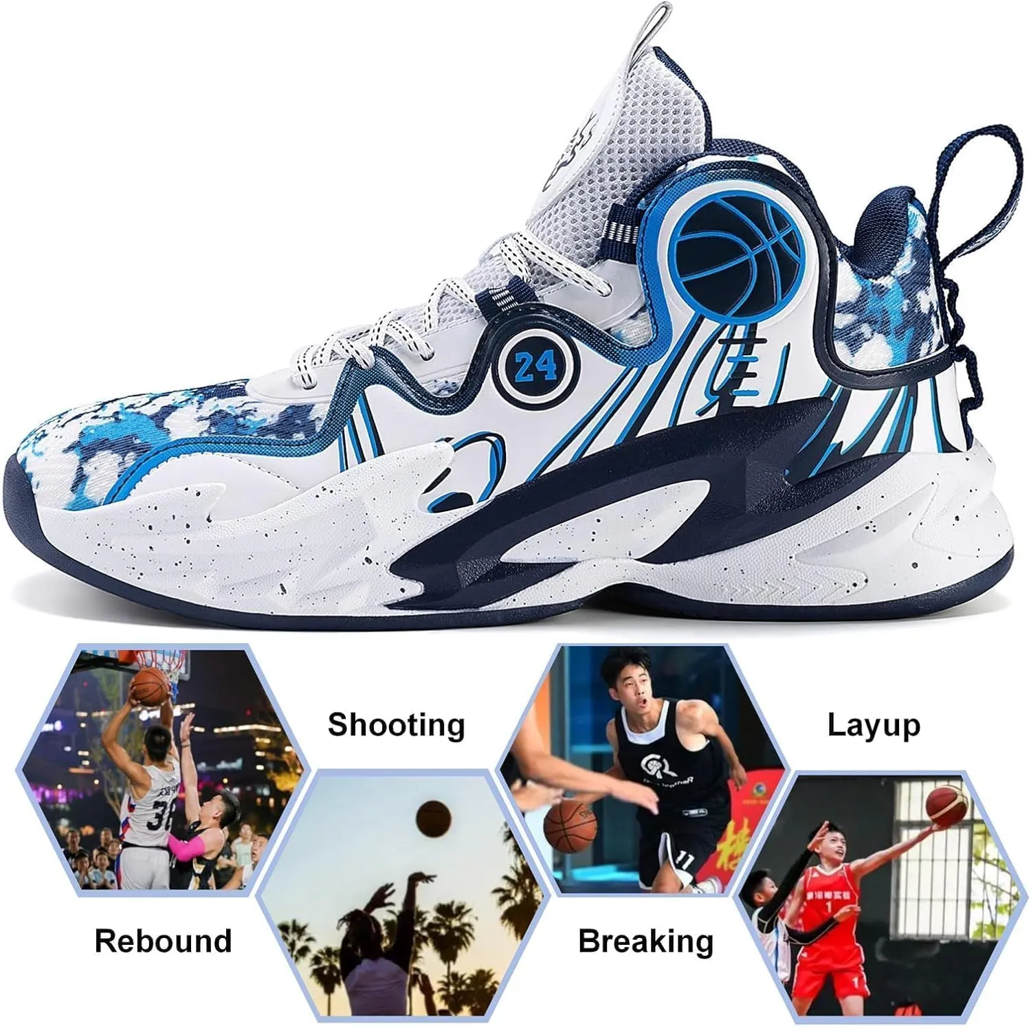 Men's Basketball Shoes Breathable Outdoor Sport Shoes Anti-Slip Lightweight Running Shoes High Top Color White-Purple(White-Blue,9.5)