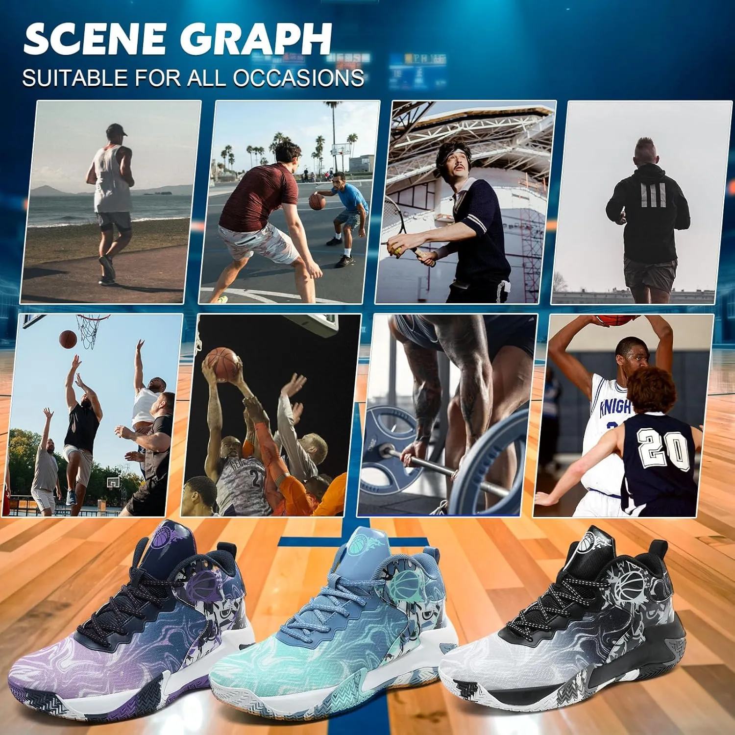 Mens Basketball Shoes Fashion Non-Slip Lightweight Breathable Outdoor Sneakers Cushioning Workout Shoes for Running Walking Sports Training Blue