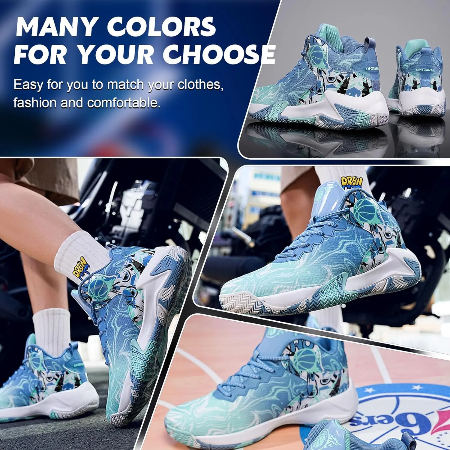 Mens Basketball Shoes Fashion Non-Slip Lightweight Breathable Outdoor Sneakers Cushioning Workout Shoes for Running Walking Sports Training Blue