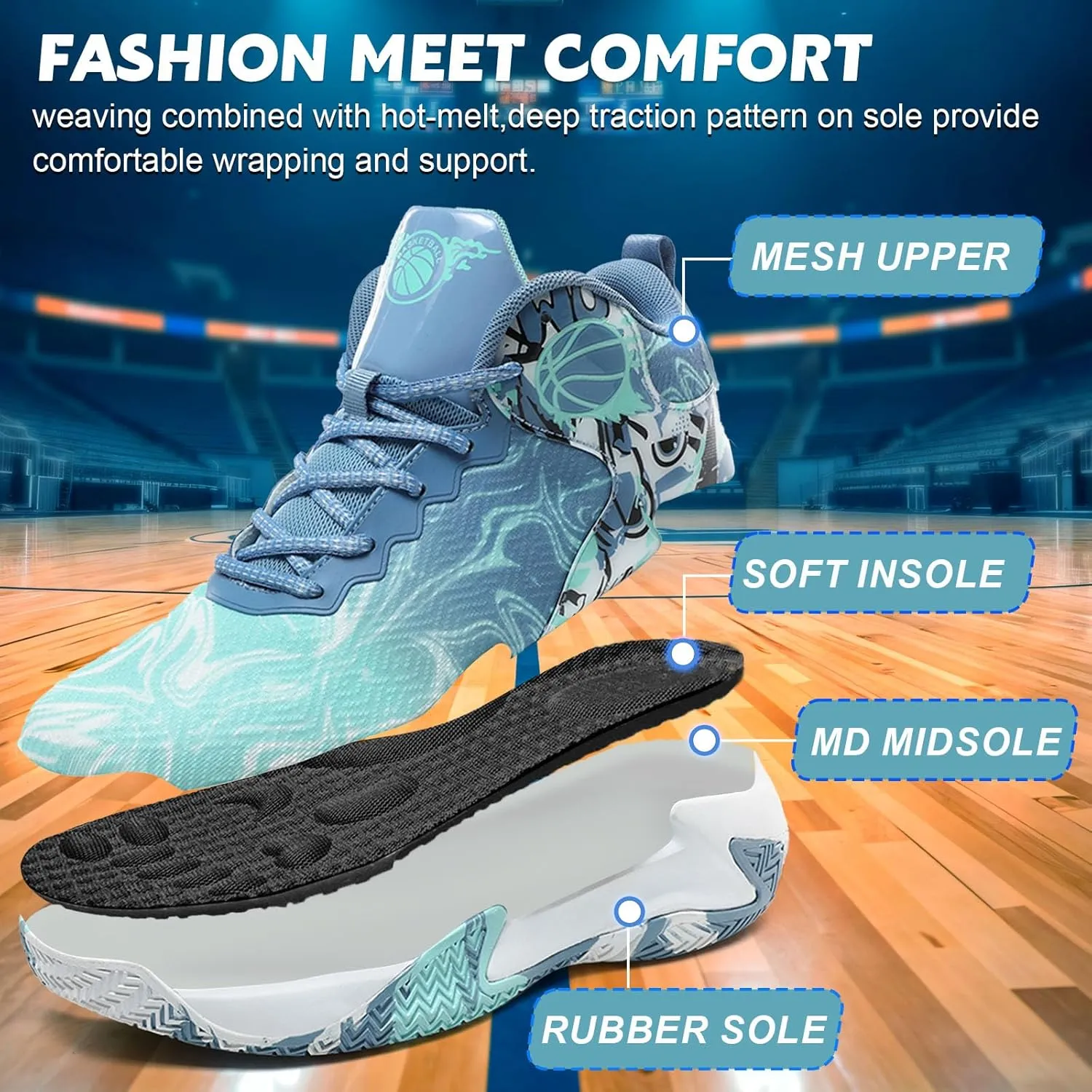 Mens Basketball Shoes Fashion Non-Slip Lightweight Breathable Outdoor Sneakers Cushioning Workout Shoes for Running Walking Sports Training Blue