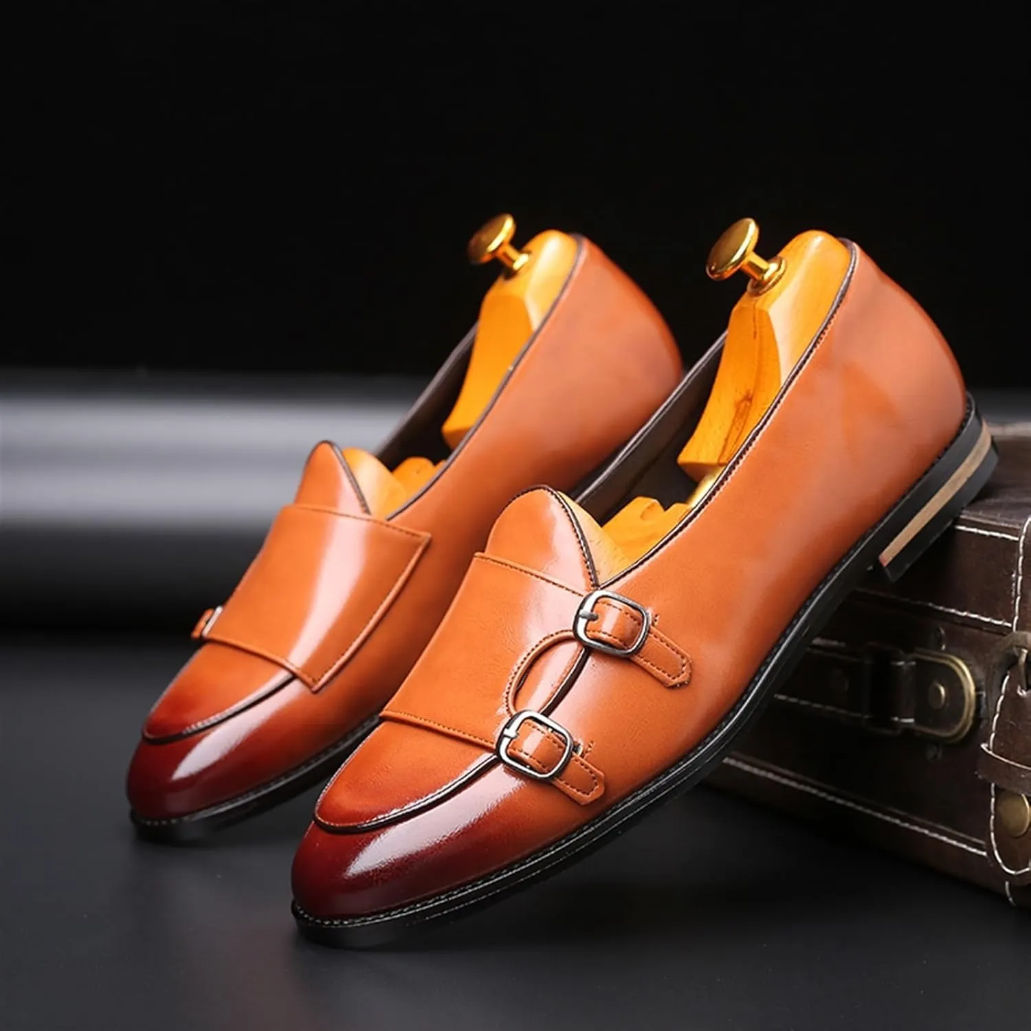 Mens Dress Shoes Handmade Retro Double Monk Buckle Loafers for Men Casual Moccasins Shoes