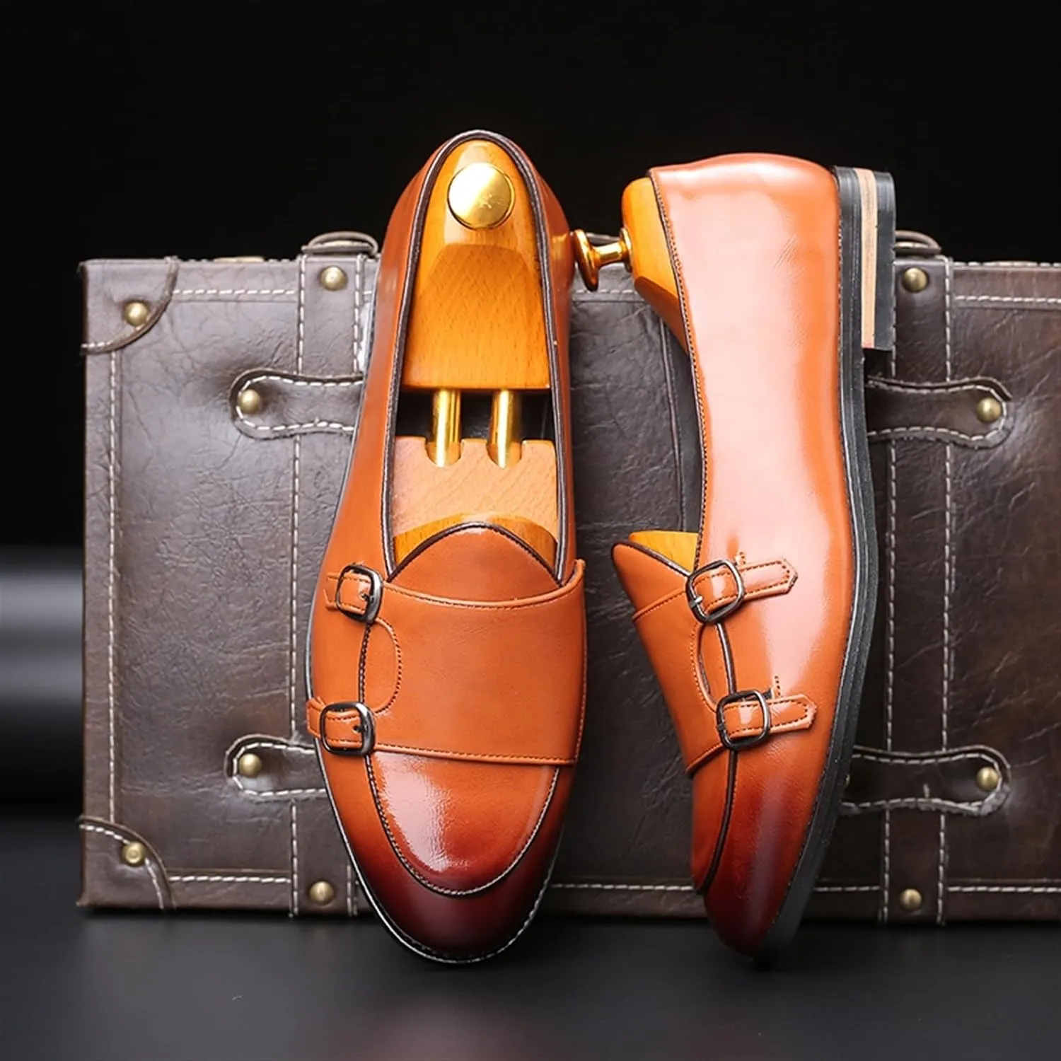 Mens Dress Shoes Handmade Retro Double Monk Buckle Loafers for Men Casual Moccasins Shoes