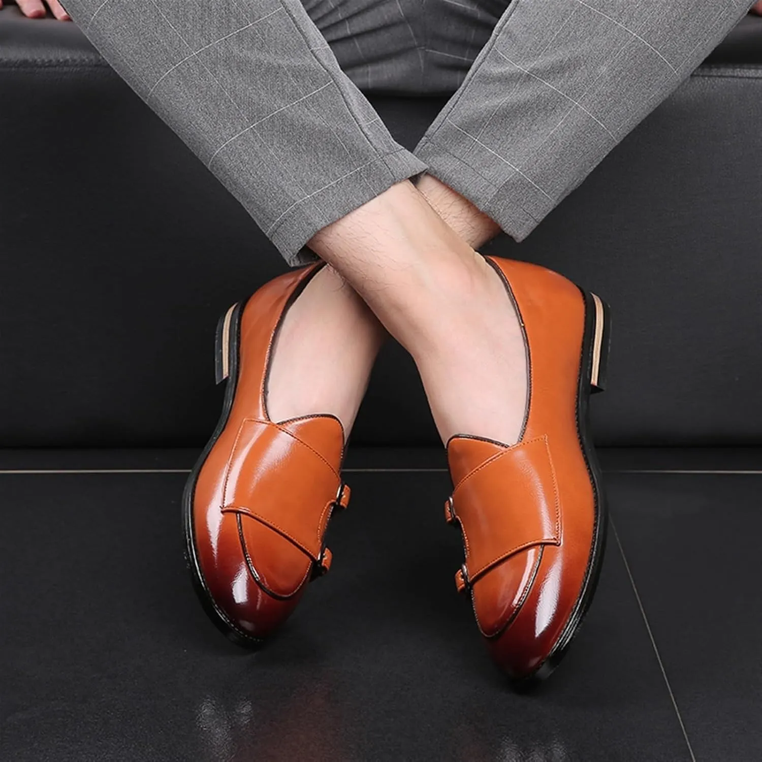 Mens Dress Shoes Handmade Retro Double Monk Buckle Loafers for Men Casual Moccasins Shoes