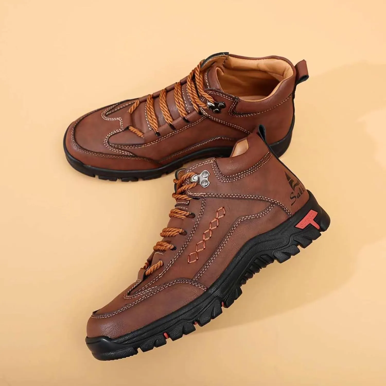 Mens Handmade Leather Lace Up Ankle Chukka Boots Casual High Top Non-Slip Loafers Retro Round Toe Walking Driving Hiking Shoes
