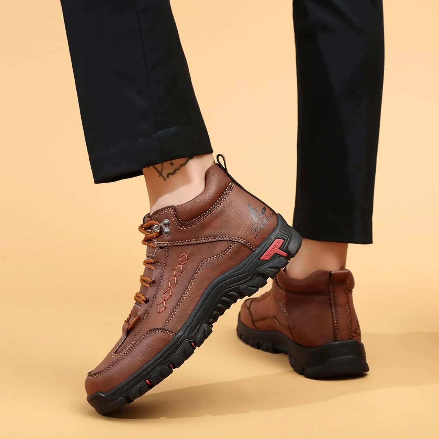 Mens Handmade Leather Lace Up Ankle Chukka Boots Casual High Top Non-Slip Loafers Retro Round Toe Walking Driving Hiking Shoes