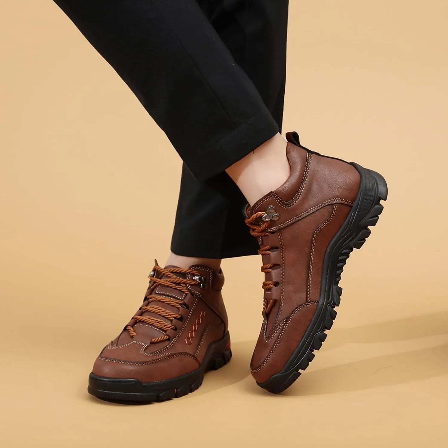 Mens Handmade Leather Lace Up Ankle Chukka Boots Casual High Top Non-Slip Loafers Retro Round Toe Walking Driving Hiking Shoes