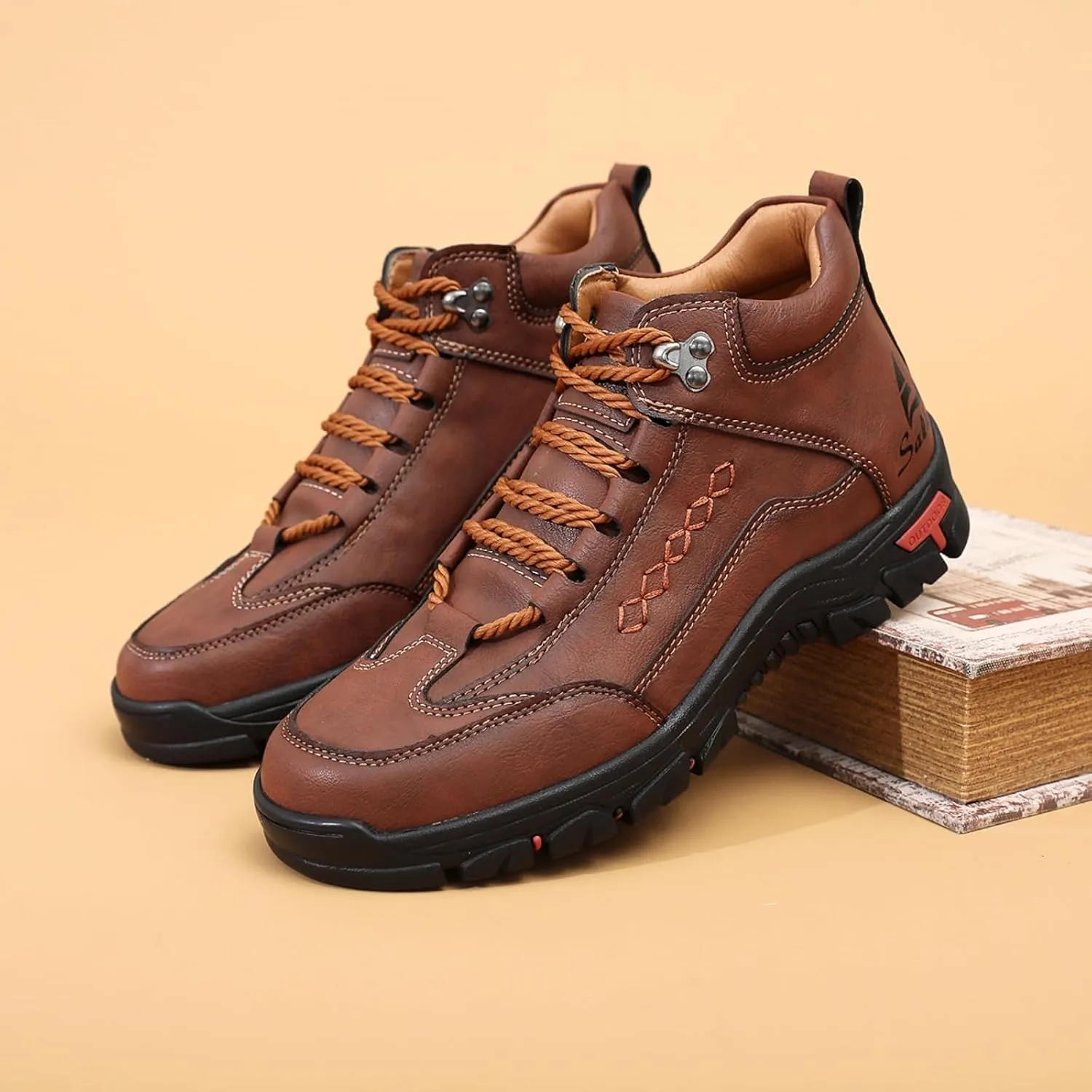 Mens Handmade Leather Lace Up Ankle Chukka Boots Casual High Top Non-Slip Loafers Retro Round Toe Walking Driving Hiking Shoes
