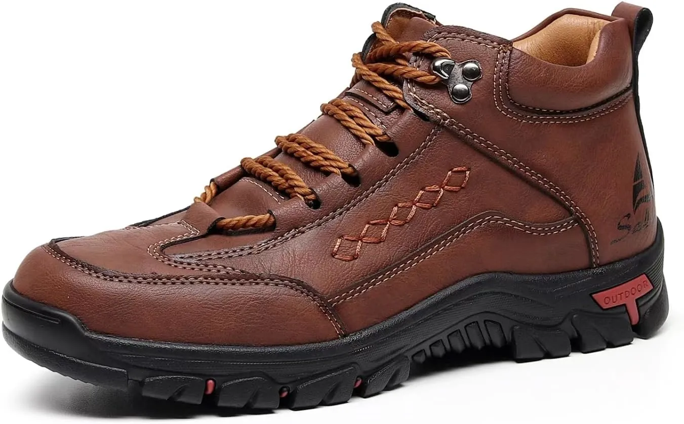 Mens Handmade Leather Lace Up Ankle Chukka Boots Casual High Top Non-Slip Loafers Retro Round Toe Walking Driving Hiking Shoes