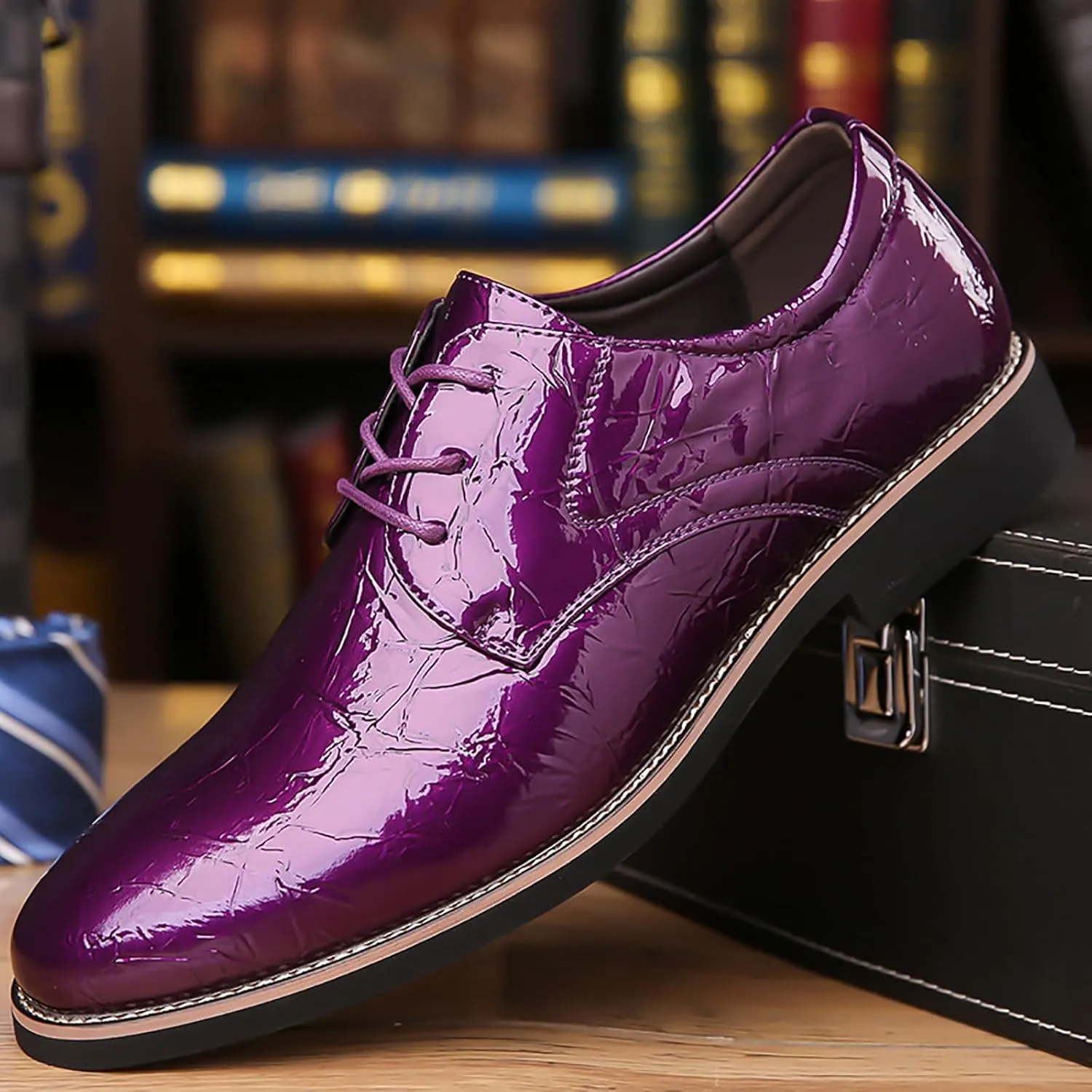 Men's High Gloss Low Chunky Heel Oxford Shoes Classic Lace Up Glitter Faux Patent Leather Tuxedo Derby Dress Shoes for Wedding Prom Business