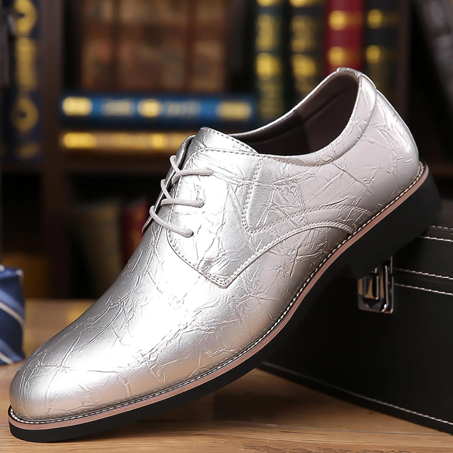 Men's High Gloss Low Chunky Heel Oxford Shoes Classic Lace Up Glitter Faux Patent Leather Tuxedo Derby Dress Shoes for Wedding Prom Business